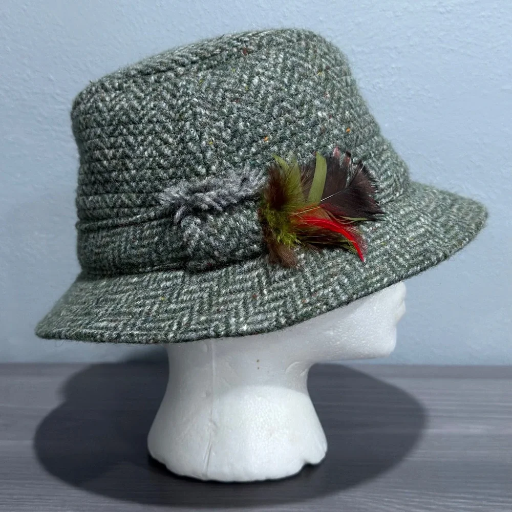 Vtg Hanna Hats Donegal Ireland Green Herringbone Wool Walking Hat Feather Mens M